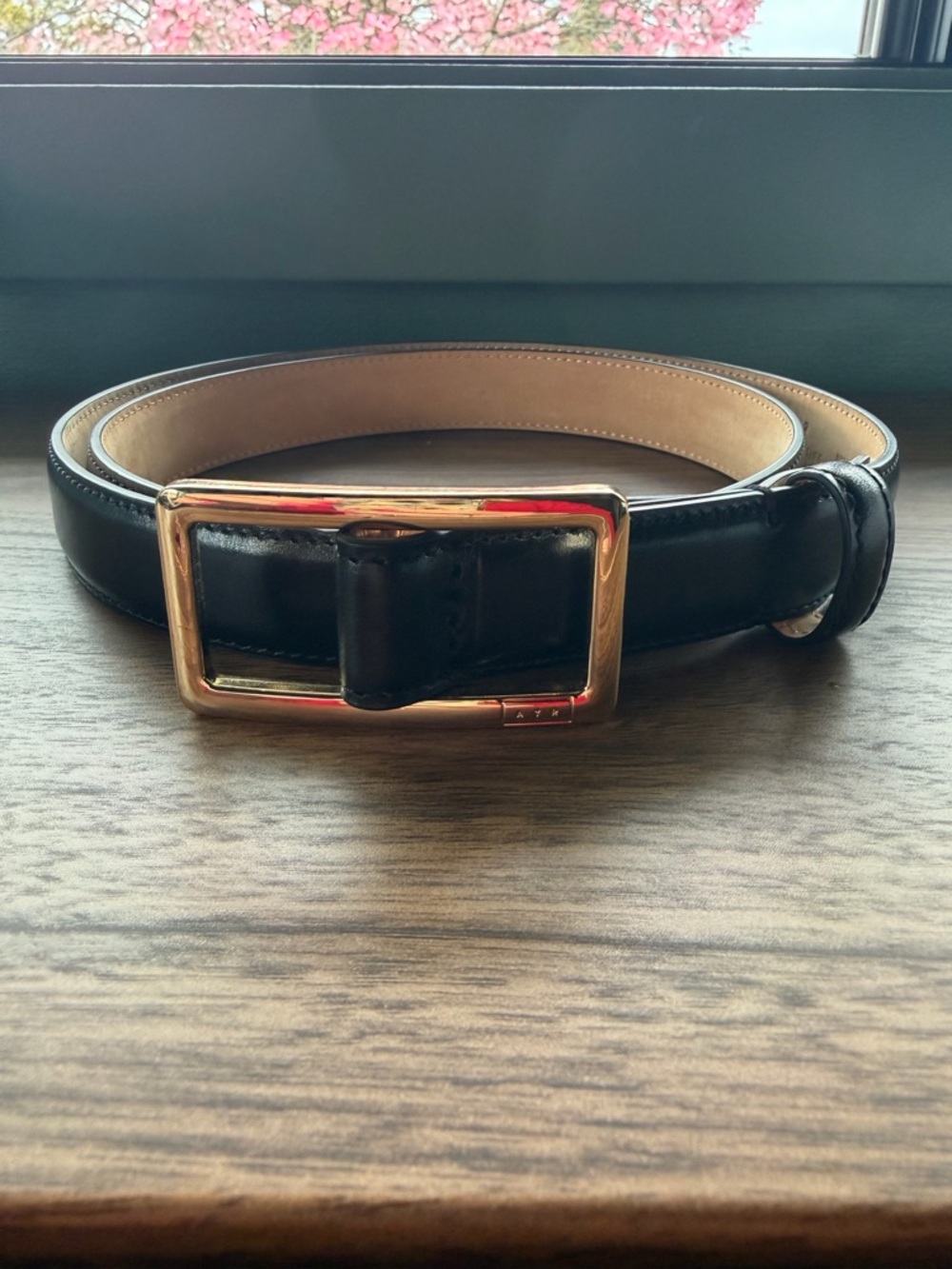 AYR Black Leather Belt with Gold Rectangle Buckle